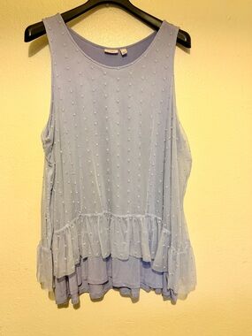 Logo Light and Blue Sleeveless Swiss Dot Ruffle Tank Size 3XL